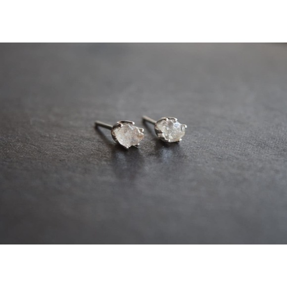 Sterling silver stud earrings, alternative diamond, uncut natural gemsto… - Picture 3 of 4